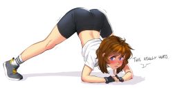 Rule 34 | 1girl, arm rest, ass, bike shorts, blue eyes, brooke (mleth), brown hair, fingerless gloves, flexible, freckles, gloves, highres, jack-o&#039; challenge, meme, mleth, original, shirt, shoes, shorts, sneakers, socks, solo, spread legs, stretching, t-shirt, top-down bottom-up, wide spread legs