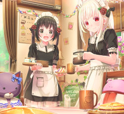 Rule 34 | 2girls, :d, air conditioner, aiuabo, albino, apron, black bow, black dress, black eyes, black hair, bow, breasts, coffee, coffee pot, collared dress, commentary request, cup, curtains, dress, flat chest, flower, food, frilled skirt, frills, hair bow, hair flower, hair ornament, highres, holding, holding cup, holding plate, indoors, long hair, looking at viewer, maid, maid headdress, menu board, multiple girls, open mouth, original, pancake, paper chain, pink flower, plant, plate, potted plant, red eyes, red flower, red rose, rose, sandwich, saucer, short sleeves, siblings, sidelocks, sisters, skirt, small breasts, smile, stuffed animal, stuffed toy, tray, twintails, vines, white apron, white hair, window