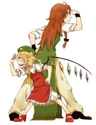 Rule 34 | 2girls, ahoge, ascot, bad id, bad pixiv id, blonde hair, blouse, bow, braid, brown hair, china dress, chinese clothes, dress, flandre scarlet, frills, full body, hair bow, hand on own hip, hat, unworn hat, unworn headwear, height difference, hong meiling, hosomitimiti, leaning forward, legs apart, long hair, looking afar, multiple girls, open mouth, pants, profile, puffy sleeves, shirt, shoes, short hair, side braid, side ponytail, skirt, skirt set, smile, standing, star (symbol), touhou, vest, white background, wide stance, wings, wristband