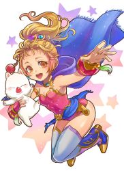 Rule 34 | 1girl, blonde hair, blush, brown eyes, cape, dissidia final fantasy, dissidia final fantasy opera omnia, dress, final fantasy, final fantasy v, full body, hair ornament, highres, krile mayer baldesion (ff5), long hair, looking at viewer, medium hair, moogle, open mouth, payu (pyms11), ponytail, smile, thighhighs
