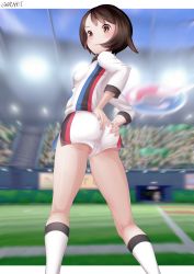 Rule 34 | absurdres, ass, ass grab, breasts, brown eyes, brown hair, cameltoe, creatures (company), g@rnet, game freak, gloria (pokemon), grabbing own ass, gym challenge uniform, highres, nail, nintendo, pokemon, pokemon swsh, public indecency, short hair, shorts, small breasts, smile, stadium, upshorts