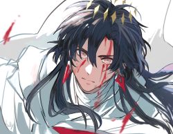 Rule 34 | 1boy, alternate hairstyle, armor, black hair, blood, blood on face, cape, closed mouth, commentary request, constantine xi (fate), crown, earrings, expressionless, face, fate/grand order, fate (series), grey eyes, hair between eyes, hally, highres, jewelry, long hair, looking at viewer, male focus, official alternate costume, serious, signature, simple background, solo, white background, white cape