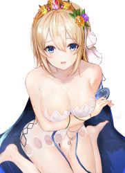 Rule 34 | 1girl, absurdres, arm under breasts, bare shoulders, blonde hair, blue eyes, blush, breast hold, breasts, cleavage, collarbone, commentary request, dress, efuri (riarea00), europa (granblue fantasy), flower, granblue fantasy, hair between eyes, hair flower, hair ornament, hair ribbon, highres, large breasts, long hair, looking at viewer, orange flower, orange rose, parted lips, purple flower, purple rose, ribbon, rose, simple background, sitting, solo, strapless, strapless dress, sweat, tiara, wariza, white background, white dress, white ribbon