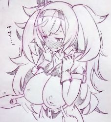 Rule 34 | 1girl, blush, breasts, commentary request, gambier bay (kancolle), gloves, headgear, highres, inverted nipples, kantai collection, large breasts, long hair, monochrome, open mouth, solo focus, tears, traditional media, tsukareta san, twintails, wavy mouth