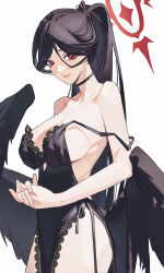 Rule 34 | 1girl, absurdres, alternate costume, artist request, backingbutterfly, bare arms, bare shoulders, black choker, black hair, black negligee, black wings, blue archive, breasts, chinese commentary, choker, collarbone, commentary, cowboy shot, dress, feathered wings, halo, halo behind head, hasumi (blue archive), highres, lace, lace-trimmed dress, lace trim, large breasts, lingerie, lips, looking at viewer, looking to the side, low wings, mole, mole under eye, negligee, own hands together, parted hair, pelvic curtain, ponytail, red eyes, red halo, sideboob, sidelocks tied back, solo, strap slip, underwear, wings