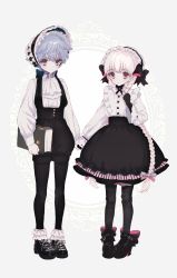 Rule 34 | 1boy, 1girl, absurdres, black bow, black footwear, black gloves, black legwear, black neckwear, black shorts, black skirt, blouse, blue eyes, blue hair, blue neckwear, blue ribbon, book, bow, braid, child, commentary, cross-laced footwear, doll joints, fate/extra, fate/extra ccc, fate/grand order, fate (series), full body, gloves, hand on own chest, hans christian andersen (fate), headdress, high heels, highres, holding, holding book, holding hands, joints, kodona, lolita fashion, long hair, long sleeves, looking at viewer, low twin braids, mary janes, nursery rhyme (fate), parted lips, pink eyes, pink ribbon, pith u, platform footwear, ribbon, shirt, shoes, short hair, shorts, skirt, standing, suspender shorts, suspenders, twin braids, very long hair, white background, white hair, white headwear, white shirt