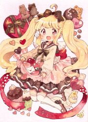 Rule 34 | 1girl, ahoge, angel wings, back bow, balloon, bear, blonde hair, bow, bowtie, box, brown bow, brown bowtie, brown footwear, brown sailor collar, brown skirt, brown sleeves, brown sweater, chocolate, collared shirt, commentary request, cupcake, eyelashes, food, full body, hair bow, heart, heart-shaped box, heart balloon, layered skirt, letter, light blush, long hair, long sleeves, looking at viewer, love letter, mary janes, mini wings, miniskirt, mokarooru, open mouth, original, pink background, pink eyes, pink skirt, pleated skirt, puffy long sleeves, puffy sleeves, red bow, red ribbon, red skirt, ribbon, sailor collar, shirt, shoes, signature, skirt, skirt basket, skirt hold, smile, solo, striped bow, striped clothes, striped skirt, sweater, thighhighs, twintails, two-sided bow, two-sided fabric, two-sided skirt, valentine, vertical-striped clothes, vertical-striped skirt, very long hair, white thighhighs, white wings, wings