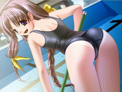 Rule 34 | 00s, 1girl, ass, bent over, blue eyes, braid, brown hair, cleaning brush, day, dutch angle, empty pool, from behind, game cg, hiiro yuki, jpeg artifacts, looking at viewer, looking back, nanashima matsuri, one-piece swimsuit, one-piece tan, open mouth, outdoors, pool, ribbon, solo, swimsuit, tan, tanline, thigh gap, yuuguu settai