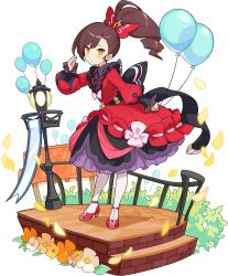 Rule 34 | 1girl, artist request, asymmetrical bangs, back bow, balloon, black bow, blush, bow, brown hair, building, bush, closed mouth, day, dress, drill hair, drill ponytail, female focus, fence, flat chest, flower, frilled dress, frills, full body, hair bow, hanabi (world flipper), hand up, high heels, high ponytail, highres, holding, holding balloon, juliet sleeves, lantern, layered dress, leaning forward, long hair, long sleeves, looking at viewer, nervous, non-web source, official art, orange eyes, orange flower, outdoors, pantyhose, petals, puffy sleeves, red bow, red dress, red footwear, shoes, sidelocks, solo, transparent background, white bow, white flower, white pantyhose, world flipper, yellow flower