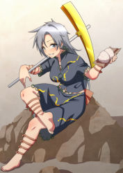 Rule 34 | 1girl, barefoot, blue eyes, blue shirt, blue skirt, blush, breasts, commentary request, food, full body, grey background, grin, hand up, highres, himemushi momoyo, holding, holding food, holding pickaxe, jeno, jewelry, large breasts, looking at viewer, pickaxe, ring, shirt, silver hair, simple background, sitting, skirt, smile, solo, toes, touhou