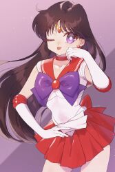 Rule 34 | 1girl, ;p, back bow, bishoujo senshi sailor moon, black hair, bow, bowtie, brooch, choker, circlet, collarbone, earrings, elbow gloves, gem, gloves, heart, heart brooch, highres, hino rei, jewelry, long hair, miniskirt, ofuda, one eye closed, pleated skirt, purple bow, purple bowtie, purple eyes, red bow, red choker, red gemstone, red sailor collar, red skirt, sailor collar, sailor mars, shirt, short sleeves, simple background, skirt, smile, solo, star (symbol), star earrings, tongue, tongue out, white gloves, white shirt, yyemoyy