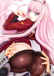 Rule 34 | 10s, 1boy, 1girl, aqua eyes, ass, ass grab, boots, cameltoe, clothes lift, clothes pull, darling in the franxx, deep skin, from behind, hairband, highres, horns, huge ass, long hair, looking at viewer, looking back, looking down, military, military uniform, naughty face, panties, panties under pantyhose, pantyhose, pantyhose pull, pink hair, seductive smile, shiny skin, skirt, skirt lift, smile, teruru, thong, tongue, tongue out, underwear, uniform, very long hair, zero two (darling in the franxx)