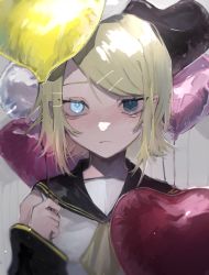 Rule 34 | 1girl, absurdres, balloon, blonde hair, blue eyes, blush, commentary, detached sleeves, frown, glowing, glowing eye, hair ornament, hairclip, heart balloon, heterochromia, highres, holding, holding balloon, kagamine rin, kajiwara 3, long sleeves, looking at viewer, neckerchief, parted bangs, sailor collar, short hair, solo, vocaloid