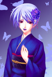Rule 34 | 00s, 1girl, blue hair, bug, butterfly, chaos;head, eyeshadow, flower, hair ornament, bug, japanese clothes, kishimoto ayase, lipstick, looking at viewer, makeup, nail polish, purple eyes, purple lips, robber-krzk, short hair, smile, solo