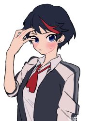 Rule 34 | 1girl, 320 (romsen), alternate hair length, alternate hairstyle, bad id, bad twitter id, black hair, blue eyes, blush, commentary request, hand to forehead, highres, kill la kill, looking at viewer, matoi ryuuko, multicolored hair, red hair, short hair, simple background, solo, streaked hair, sweatdrop, two-tone hair