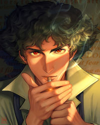 Rule 34 | 1boy, absurdres, alexandria monik, black hair, brown eyes, commentary, cowboy bebop, english commentary, hand up, highres, lighting cigarette, looking at viewer, male focus, portrait, smoke, smoking, solo, spike spiegel