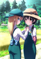 Rule 34 | 2girls, aqua hat, aya223, backwards hat, black bow, black hair, blue eyes, blush, bow, brown eyes, brown headwear, day, eye contact, grass, hair ornament, hat, hat bow, highres, long hair, long sleeves, looking at another, motor vehicle, multiple girls, original, outdoors, overalls, short twintails, smile, standing, sun hat, tree, truck, twintails, yuri
