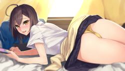 Rule 34 | 1girl, :d, ahoge, ass, azur lane, bag, baltimore (after-school ace) (azur lane), baltimore (azur lane), bed sheet, beige cardigan, beige sweater, black skirt, blush, brown hair, cardigan, cardigan around waist, cellphone, clothes around waist, collared shirt, commentary request, curtains, hair between eyes, highres, holding, holding phone, looking at viewer, lying, on stomach, ootani nonno, open mouth, panties, pantyshot, phone, pleated skirt, school bag, shirt, short hair, short sleeves, skirt, smartphone, smile, sweater, sweater around waist, thighs, tied sweater, underwear, upskirt, white shirt, window, yellow eyes, yellow panties, yellow sweater