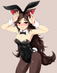 Rule 34 | 1girl, absurdres, alternate costume, animal ears, armpits, bare arms, black hairband, black pantyhose, blush, breasts, brown hair, cleavage, contrapposto, cowboy shot, fake animal ears, hairband, hands up, highres, imaizumi kagerou, leotard, long hair, looking at viewer, medium breasts, nail polish, nama shirasu, pantyhose, playboy bunny, rabbit ears, rabbit tail, red eyes, red nails, solo, standing, tail, touhou, wolf ears, wolf tail, wrist cuffs