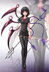 Rule 34 | 1girl, alternate hair length, alternate hairstyle, asymmetrical wings, black dress, black hair, black thighhighs, blueprint (object), bow, bowtie, breasts, dress, full body, gradient background, grin, hater (hatater), high heels, highres, houjuu nue, lips, long hair, long legs, medium breasts, non-web source, polearm, red eyes, sharp teeth, shoes, short dress, short sleeves, smile, solo, teeth, thighhighs, touhou, trident, weapon, wings, zettai ryouiki, zoom layer