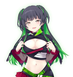 Rule 34 | 1girl, belt, black hair, blunt bangs, breasts, brown eyes, cleavage, cleavage cutout, clothing cutout, collar, commentary request, dress, graphite (medium), green hair, half-closed eyes, highres, idolmaster, idolmaster shiny colors, large breasts, long hair, long sleeves, looking at viewer, mayuzumi fuyuko, mechanical pencil, midriff, multicolored hair, open mouth, pencil, polka dot, sakana (flame sakana), simple background, skirt, smile, solo, traditional media, two-tone hair, two side up, white background