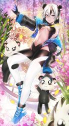 Rule 34 | 1girl, absurdres, animal ears, bare shoulders, black hair, black jacket, black leotard, blue eyes, blue footwear, breasts, flower, highres, jacket, jewelry, kanniiepan, leotard, long sleeves, looking at viewer, medium breasts, multicolored hair, navel, necklace, off shoulder, open clothes, open jacket, original, outstretched arm, panda ears, puffy sleeves, purple flower, revealing clothes, samantha (admiral bahroo), shoes, short hair, smile, sneakers, solo, stomach, thighhighs, two-tone hair, umeru (admiral bahroo), white hair, white thighhighs, wisteria
