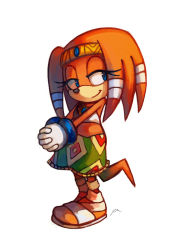 Rule 34 | 1girl, animal nose, bad id, bad pixiv id, bandages, blue eyes, bluekomadori, closed mouth, commentary, full body, furry, furry female, hair ornament, highres, looking to the side, own hands together, sandals, simple background, smile, solo, sonic (series), sonic adventure, sonic the hedgehog, standing, tail, tikal the echidna, white background
