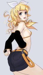 Rule 34 | 1girl, :d, alternate hair length, alternate hairstyle, ass, bare shoulders, belt, bikini, blonde hair, blue eyes, blush, breasts, cowboy shot, detached sleeves, hair ornament, hairband, highres, kagamine rin, kouno (masao), long hair, open mouth, revision, shorts, sideboob, small breasts, smile, solo, striped bikini, striped clothes, swimsuit, vocaloid, white background