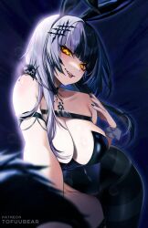 Rule 34 | 1girl, :p, asymmetrical legwear, black choker, black dress, black hair, breasts, choker, cleavage, dress, grey hair, hair ornament, highleg, highleg leotard, highres, hololive, hololive english, large breasts, leotard, looking at viewer, mismatched legwear, multicolored hair, nontraditional playboy bunny, playboy bunny, shiori novella, shiori novella (1st costume), smile, solo, split-color hair, strapless, strapless leotard, tofuubear, tongue, tongue out, two-tone hair, virtual youtuber, yellow eyes