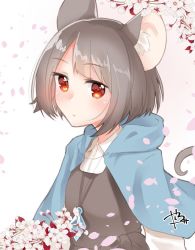 Rule 34 | 1girl, abe suke, animal ears, bad id, bad twitter id, brown eyes, brown hair, capelet, closed mouth, jewelry, looking at viewer, mouse ears, mouse tail, nazrin, necklace, petals, short hair, solo, tail, touhou, upper body