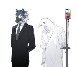 Rule 34 | 2boys, armored core, armored core 6, arms behind back, bandaged arm, bandaged chest, bandages, bird boy, black jacket, black necktie, black pants, black suit, cola, collared shirt, cowboy shot, formal, furry, furry male, highres, hospital gown, intravenous drip, jacket, male focus, multiple boys, muzzle, necktie, pants, raven (armored core 6), riio, shirt, simple background, standing, suit, v.iv rusty, white background, white shirt, wolf boy, yellow eyes