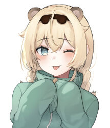 Rule 34 | ;d, ahoge, alternate costume, alternate hairstyle, animal ears, black hairband, blonde hair, blue eyes, blush, braid, double-parted bangs, green sweater, hairband, highres, hololive, kazama iroha, long hair, long sleeves, low twin braids, one eye closed, open mouth, raccoon ears, simple background, sleeves past fingers, sleeves past wrists, smile, sweater, turtleneck, turtleneck sweater, twin braids, upper body, virtual youtuber, white background, yoshioka (today is kyou)