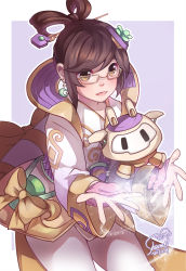 Rule 34 | 1girl, alternate hairstyle, brown eyes, brown hair, chang&#039;e mei, chinese clothes, drone, earrings, glasses, hagoromo, hair rings, highres, jewelry, md5 mismatch, mei (overwatch), official alternate costume, outstretched arms, overwatch, overwatch 1, resolution mismatch, sharmi, shawl, short hair, signature, snowball (overwatch), solo, yellow-framed eyewear