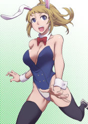 Rule 34 | 10s, 1girl, adapted costume, animal ears, bare shoulders, blue eyes, blush, bow, bowtie, breasts, brown hair, cleavage, detached collar, fake animal ears, gundam, gundam build fighters, gundam build fighters try, hoshino fumina, long hair, natsumi chorisuke, open mouth, paw print, playboy bunny, ponytail, rabbit ears, smile, solo, thighhighs, wrist cuffs