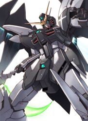 Rule 34 | absurdres, beam scythe, commentary, energy weapon, feet out of frame, green eyes, gundam, gundam deathscythe, gundam deathscythe hell custom, gundam wing, gundam wing endless waltz, hand up, highres, holding, holding weapon, looking down, mecha, mobile suit, no humans, open hand, robot, science fiction, simple background, solo, standing, takahashi masaki, v-fin, weapon, white background