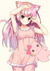 Rule 34 | 1girl, animal ear fluff, animal ears, arm up, blush, bow, breasts, brown background, brown eyes, cat ears, cat girl, cat tail, closed mouth, collarbone, commentary request, copyright request, frilled shirt, frills, heart, heart print, highres, long hair, looking at viewer, pajamas, pants, pink hair, pink pajamas, pink pants, pink shirt, print pajamas, print pants, print shirt, red bow, shirt, signature, simple background, sleeveless, sleeveless shirt, small breasts, smile, solo, stuffed animal, stuffed cat, stuffed toy, tail, tail raised, very long hair, virtual youtuber, win opz