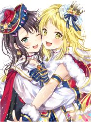 Rule 34 | 2girls, :d, ;d, armband, bad id, bad pixiv id, bang dream!, black hair, blonde hair, blue eyes, blue neckwear, blue ribbon, blush, bow, bowtie, cape, cheek-to-cheek, choker, crown, earrings, feathers, frilled choker, frills, fur-trimmed gloves, fur trim, gloves, hair ornament, hairclip, hat, hat feather, hat ribbon, heads together, hug, ito22oji, jewelry, long hair, looking at viewer, multiple girls, okusawa misaki, one eye closed, open mouth, ribbon, shirt, smile, striped bow, striped bowtie, striped clothes, striped neckwear, striped ribbon, tsurumaki kokoro, upper body, white background, white feathers, white shirt, yellow eyes