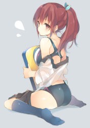 Rule 34 | 10s, 1girl, ass, bad id, bad pixiv id, black skirt, black socks, blouse, blue socks, blush, breast press, breasts, brown eyes, brown hair, closed mouth, competition swimsuit, enomoto hina, free!, full body, grey background, hair between eyes, kickboard, kneehighs, large breasts, long hair, looking at viewer, looking back, matsuoka gou, off shoulder, one-piece swimsuit, open clothes, open shirt, ponytail, pursed lips, red eyes, red hair, see-through, shirt, sidelocks, simple background, sitting, skirt, skirt around one leg, socks, solo, swimsuit, swimsuit under clothes, thighs, wariza, wavy hair, white shirt
