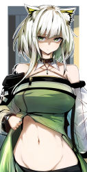 Rule 34 | 1girl, animal ears, arknights, asymmetrical hair, bare shoulders, breasts, cat ears, closed mouth, clothes pull, cowboy shot, detached collar, detached sleeves, dress, dress pull, frown, gin moku, glaring, green dress, green eyes, groin, hair intakes, highres, jewelry, kal&#039;tsit (arknights), large breasts, light green hair, looking at viewer, material growth, medium hair, multicolored hair, navel, oripathy lesion (arknights), pendant, pulling own clothes, ring, see-through, see-through sleeves, shaded face, sidelocks, solo, stomach, white hair
