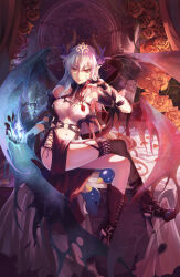 Rule 34 | 1girl, belt, bird, black gloves, black sleeves, blue fire, boots, bra, breasts, brown eyes, bzerox, chain, chinese commentary, cleavage, crossed legs, demon, demon girl, demon horns, demon wings, detached sleeves, fingerless gloves, fire, flower, garter straps, gloves, highres, horns, large breasts, light particles, long hair, looking at viewer, magic, magic circle, midriff, navel, o-ring, o-ring belt, original, parted lips, pelvic curtain, penguin, petals, pointy ears, rose, single thighhigh, sitting, solo, thighhighs, thorns, underwear, white bra, white hair, wings, yellow flower, yellow rose, zipper, zipper pull tab