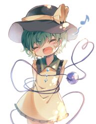 Rule 34 | 1girl, aged down, arms behind back, black hat, blush, bow, buttons, child, closed eyes, collar, diamond button, dress, frilled collar, frills, green collar, green hair, hair between eyes, happy, hat, hat bow, hat ribbon, heart, heart of string, komeiji koishi, musical note, open mouth, ribbon, sekisei (superego51), short dress, short hair, sidelocks, simple background, sleeveless, sleeveless dress, smile, solo, spoken musical note, subterranean animism, sunlight, third eye, touhou, wavy hair, white background, yellow bow, yellow dress, yellow ribbon