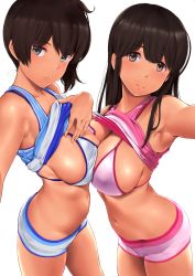 Rule 34 | 2girls, akagi (kancolle), arm up, armpits, bikini, bikini shorts, bikini top only, breast press, breasts, brown eyes, brown hair, cleavage, closed mouth, clothes lift, contrapposto, covered erect nipples, cowboy shot, hand on own chest, head tilt, highres, kaga (kancolle), kantai collection, large breasts, lifted by self, long hair, looking at viewer, medium hair, midriff, multiple girls, navel, pink bikini, shiny skin, shirt lift, short shorts, shorts, side ponytail, sideboob, sidelocks, simple background, smile, sweat, swimsuit, symmetrical docking, tan, tank top, wa (genryusui), white background, white bikini