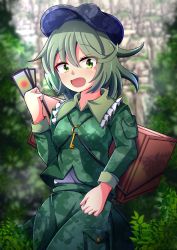 Rule 34 | 1girl, aospanking, blouse, blue hat, blurry, blurry background, box, camouflage, camouflage jacket, camouflage skirt, card, cowboy shot, forest, green eyes, green hair, green jacket, green shirt, green skirt, hair between eyes, hat, highres, holding, holding card, jacket, key, leaf, long sleeves, looking at viewer, nature, open mouth, outdoors, pocket, shirt, short hair, skirt, solo, standing, touhou, yamashiro takane
