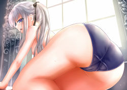 Rule 34 | 1girl, ass, bikini, bishoujo mangekyou, bishoujo mangekyou: norowareshi densetsu no shoujo, bishoujo mangekyou (series), black ribbon, blue bikini, blue eyes, breasts, cameltoe, chen bingyou, eyebrows, fang, flower, from behind, from below, hair ribbon, kagarino kirie, long hair, looking at viewer, nipples, open mouth, profile, ribbon, rose, small breasts, solo, swimsuit, topless, water drop, wet, white hair, window