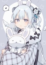 Rule 34 | 1girl, absurdres, animal, animal ears, animal hug, breath, cat, closed mouth, commentary, detached wings, double bun, fake animal ears, flower, frilled sleeves, frills, fur collar, grey background, grey eyes, grey hair, grey kimono, hair bun, hair flower, hair ornament, heart, highres, japanese clothes, kimono, long hair, long sleeves, looking at viewer, mini wings, original, plaid kimono, rabbit ears, sleeves past wrists, sofra, solo, spoken heart, two-tone background, upper body, very long hair, white background, white cat, white flower, white wings, wide sleeves, wings