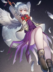 Rule 34 | 1girl, ass, black footwear, blush, boots, closed mouth, dress, feathered wings, full body, grey hair, hair between eyes, highres, jacket, kishin sagume, long sleeves, open clothes, open jacket, purple dress, red eyes, shishui guima, short hair, single wing, solo, touhou, white jacket, white wings, wings