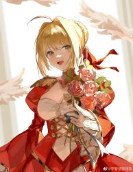 Rule 34 | 1girl, :d, absurdres, ahoge, blonde hair, bouquet, braid, breasts, cleavage, dress, fate/extella, fate/extella link, fate/extra, fate/extra ccc, fate/extra record, fate/grand order, fate (series), flower, green eyes, hair intakes, highres, holding, holding bouquet, large breasts, light, light particles, light smile, long hair, looking at viewer, mazinisang, nero claudius (fate), nero claudius (fate) (all), open mouth, red dress, red ribbon, ribbon, smile, solo, upper body, weibo logo, weibo watermark