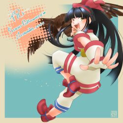 Rule 34 | 1girl, ainu clothes, artist name, ass, black hair, breasts, english text, fingerless gloves, gloves, hair ribbon, highres, leg up, legs, long hair, mamahaha, medium breasts, nakoruru, open mouth, outstretched arm, pants, ribbon, samurai spirits, sideboob, smile, snk, the king of fighters, thighs, yellow eyes