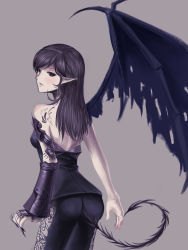 Rule 34 | 1girl, absurdres, black hair, from behind, grey background, highres, long hair, looking at viewer, original, pointy ears, red eyes, simple background, single wing, solo, tail, tattoo, wings, x-red flower