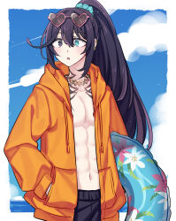 Rule 34 | 1boy, abs, black eyes, blue eyes, blue hair, blush, commentary request, drawstring, hands in pockets, heart, heart-shaped eyewear, high ponytail, highres, holding, holding swim ring, hong lu (project moon), hood, hood down, hooded jacket, innertube, jacket, jewelry, limbus company, long hair, long sleeves, neck tattoo, necklace, open mouth, orange jacket, project moon, shiki (shikki46), sidelocks, solo, swim ring, tattoo, very long hair